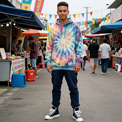 Photograph of a young man with short curly hair, wearing a tie-dye hoodie, black pants, and black sneakers, standing in a colorful outdoor