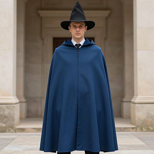 Photograph of a young man in a dark blue wizard's cloak and pointed hat, standing in front of a stone building.