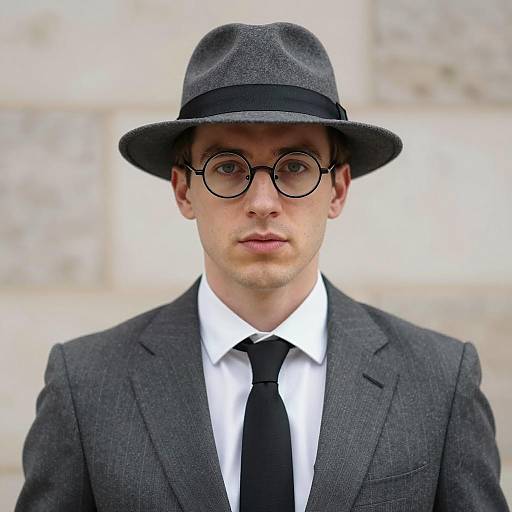 Man in Gray Pinstriped Suit with Fedora Hat