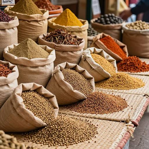 Photograph of burlap sacks filled with colorful spices, arranged in a row on a woven mat, with blurred background.