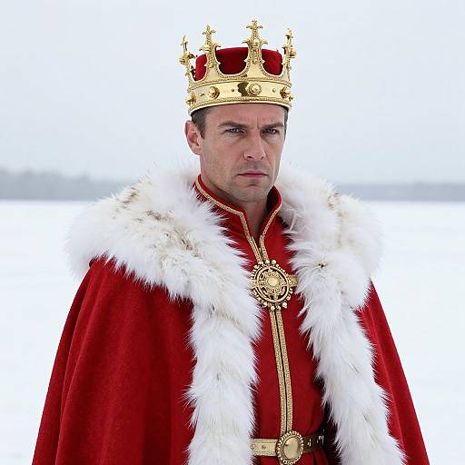 Photograph of a serious-looking man in a regal red velvet robe with white fur trim, wearing an ornate gold crown with red jewels. Bright