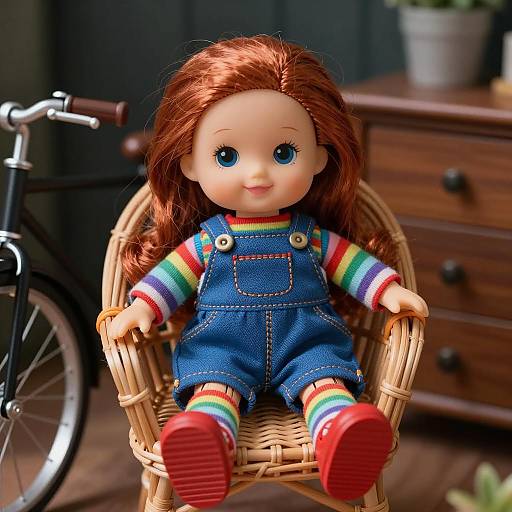 Red-Haired Doll in Blue Overalls Sitting on Wicker Chair