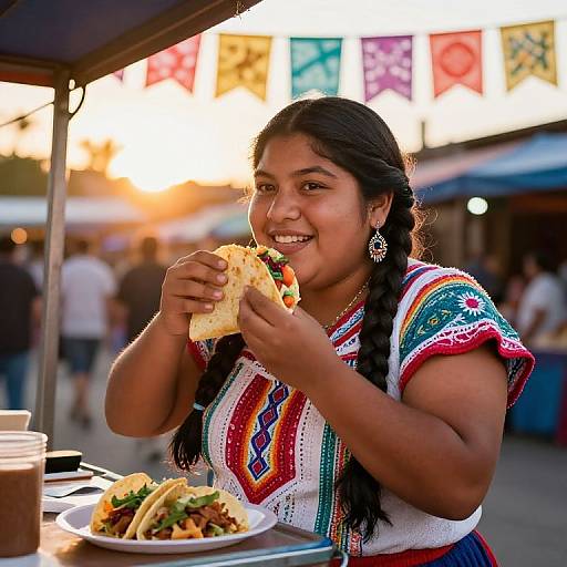 Photograph of a smiling, dark-haired Latina woman in a colorful, embroidered top, eating a burrito at a festive outdoor market.