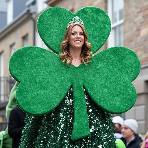 Photograph of smiling woman with wavy blonde hair, wearing green sequined clover costume, green tiara, in urban street setting.