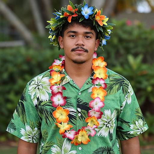 Photograph of a young man with medium brown skin, mustache, wearing a green floral shirt, tropical flower lei, and colorful flower crown, standing