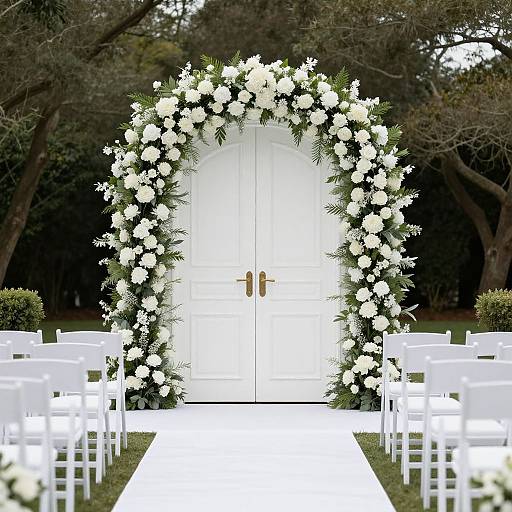 Photograph of a white arched floral arch with white roses and greenery, centered over double white doors, surrounded by white folding chairs and a white