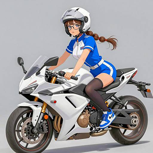 Young Woman on White Sport Motorcycle