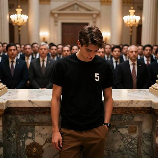 Young Man in Ornate Room with Crowd