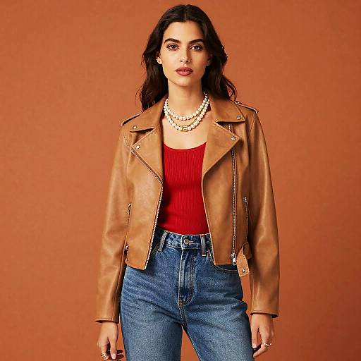 Photograph of a dark-haired woman in a tan leather jacket, red ribbed top, and blue jeans, wearing a pearl necklace, standing against an