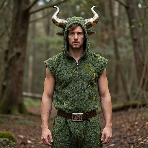 Photograph of a muscular man with green mossy hooded costume, large horns, and brown belt, standing in a misty forest.