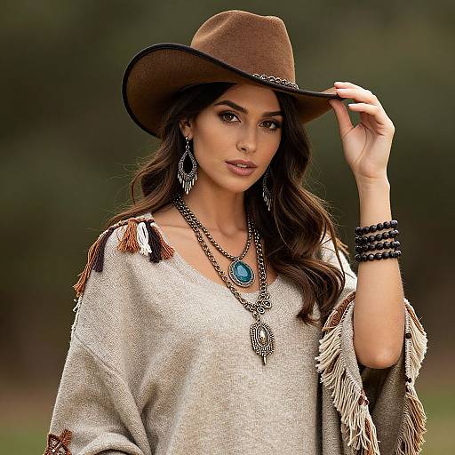 Photograph of a beautiful woman with long brown hair, wearing a brown cowboy hat, fringe beige top, turquoise necklace, and black bracelets, against a