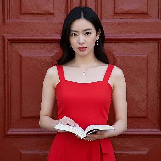 Asian woman with long black hair, red dress, and white necklace, holding open book, standing against red paneled wall. Photographic portrait.