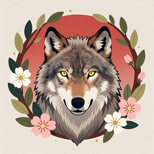 Vibrant Wolf Head with Floral Frame