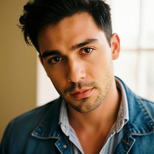 Close-up photograph of a handsome, dark-haired man with brown eyes, slight stubble, wearing a denim jacket over a light blue shirt, looking directly