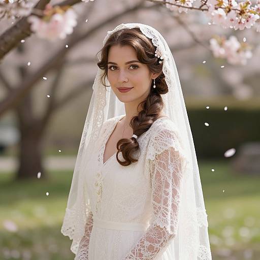 Photograph of a beautiful young bride with dark, wavy hair in a side braid, wearing a white lace wedding dress and veil, standing in