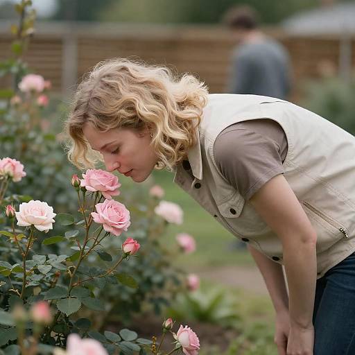 Blonde Woman Enjoying Roses in Garden