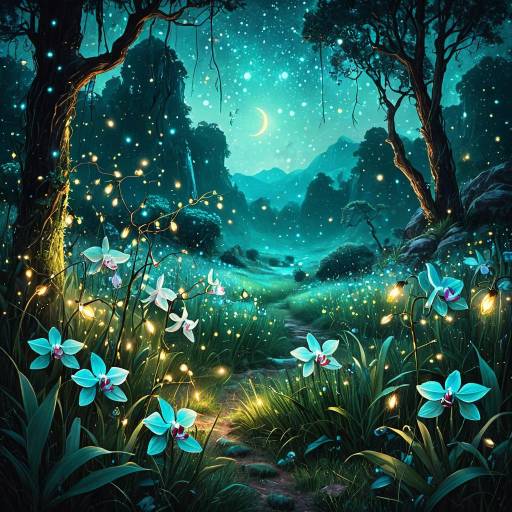Fantasy Meadow with Fireflies and Turquoise Orchids