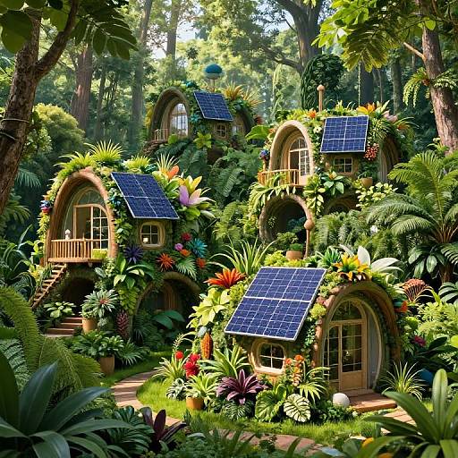Digital art of three lush, green, dome-shaped eco-houses with solar panels, surrounded by vibrant tropical plants and trees in a forest.