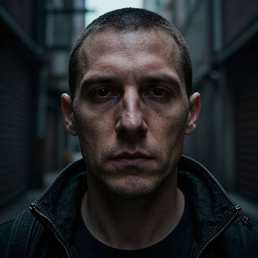 Photograph of a serious, close-up male face with short dark hair, wearing a dark jacket, in a dimly lit, narrow alleyway.