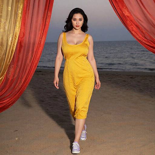 Vintage Curvy Asian Woman by Dusk Beach