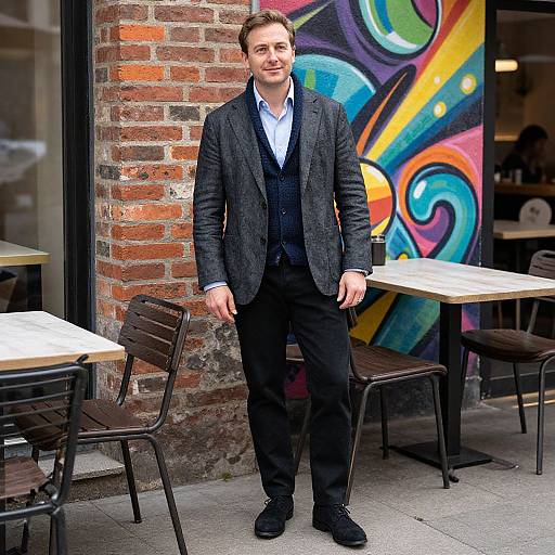 Photograph of a smiling man in a dark gray blazer, black vest, white shirt, and black pants, standing outside a colorful graffiti-covered café