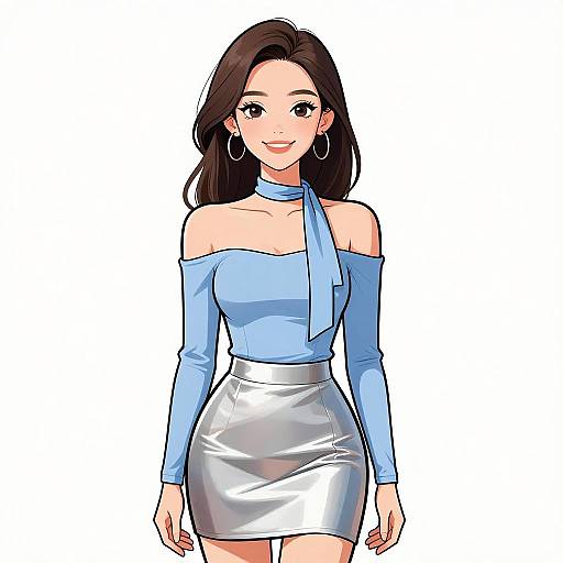 Digital anime-style illustration of a smiling young woman with long brown hair, wearing a light blue off-shoulder top and silver skirt. Large hoop earrings