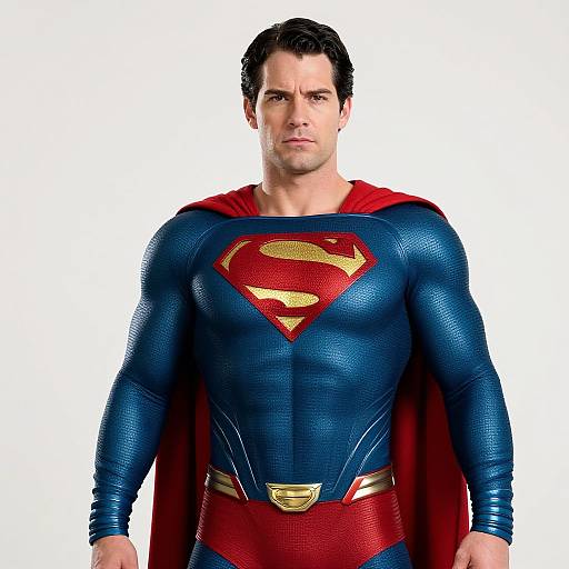 Photorealistic digital image of a muscular, dark-haired man in classic Superman costume: blue textured suit, red cape, yellow 