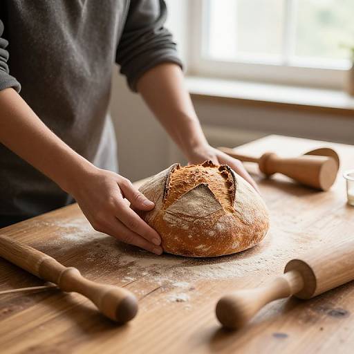 Photograph of a person with light skin and dark grey sweater, hands shaping a crusty loaf of bread on a wooden table with two wooden rolling pins