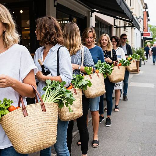 Line of People with Veggie Handbags