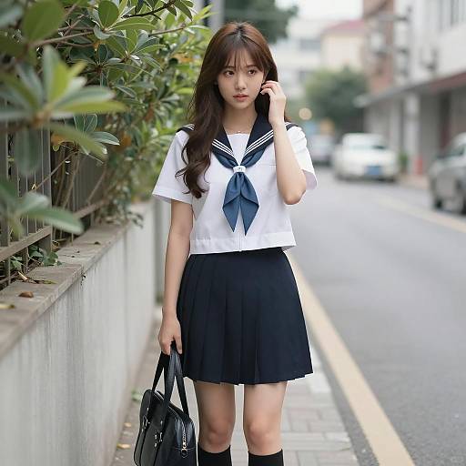 Elegant Asian Woman in Sailor Uniform