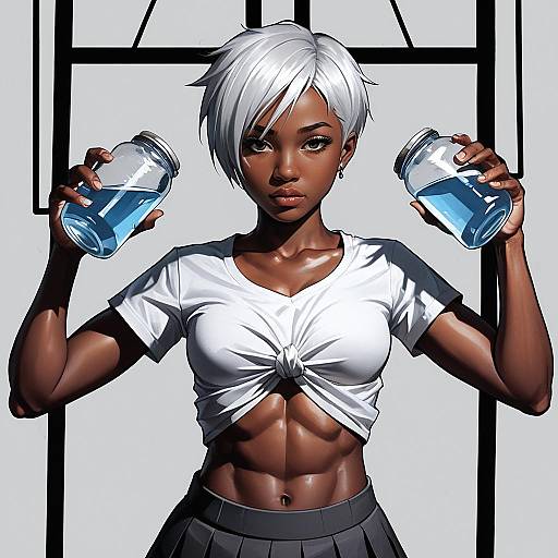 Anime Dark Tomboy with White Hair Drinking Water