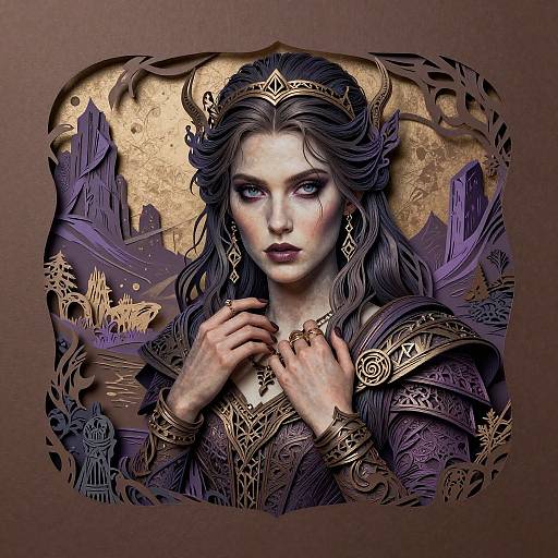 Digital fantasy artwork of a pale-skinned, dark-haired queen in ornate armor, set against a gold and purple mountainous landscape.