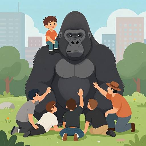 Cartoon Group Interacting with Large Black Gorilla