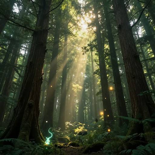 Photograph of a serene, sunlit forest with tall redwoods, sunbeams filtering through the trees, and glowing fireflies among lush ferns