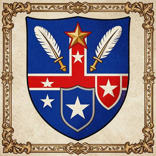 Coat of arms with blue shield, red cross, white stars, gold star, and two white feathers, framed in ornate gold border.