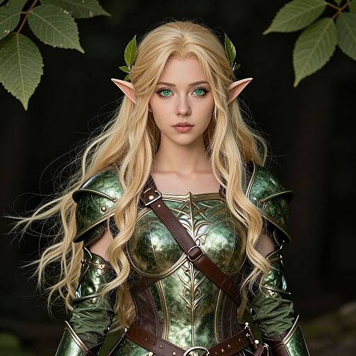 Digital art: Elven woman with long blonde hair, green eyes, pointed ears, and green armored chestplate, standing in a dark forest with green