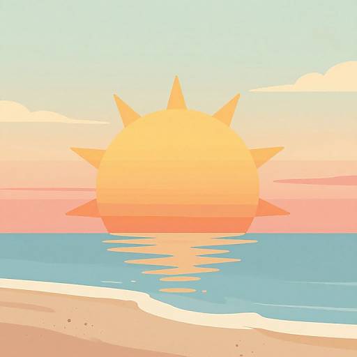 Digital illustration of a bright orange sun setting over a calm blue ocean, with a sandy beach in the foreground.