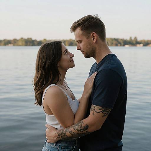 Photograph of a tattooed man in a black shirt and a woman in a white tank top, standing close, gazing at each other, by