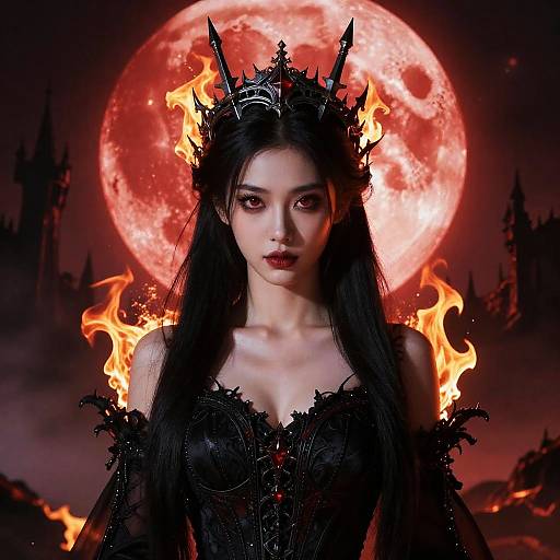 Gothic Queen with Flaming Crown and Blood Moon