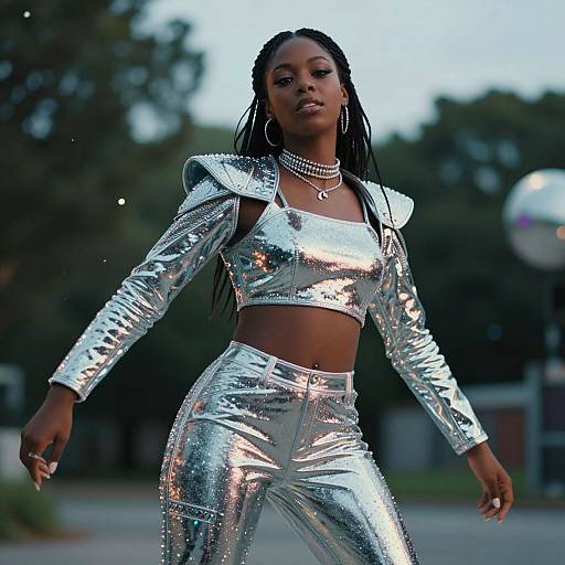 Photograph of a confident Black woman with braided hair wearing a shiny silver crop top and high-waisted pants, adorned with a choker necklace
