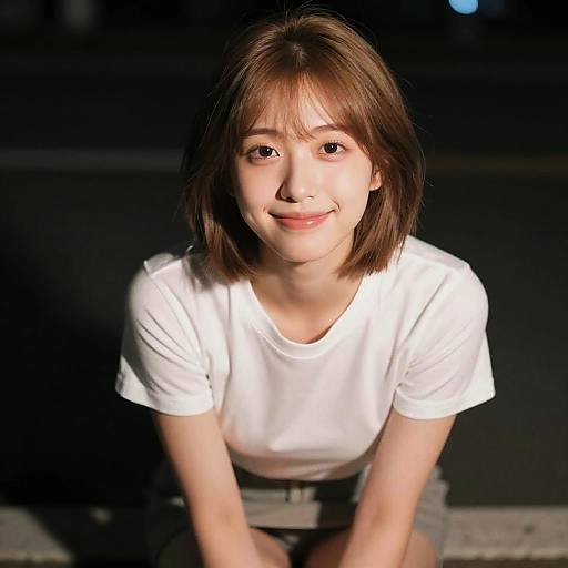 Smiling Japanese Woman in White T-Shirt at Night