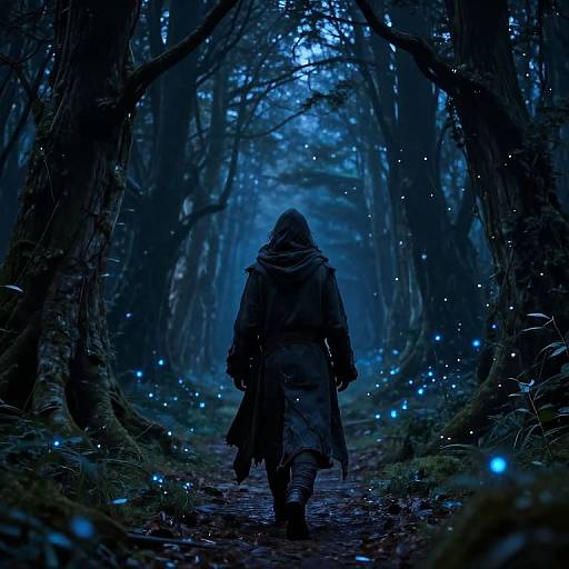 Mysterious figure in hooded cloak walks through enchanted, blue-lit forest path surrounded by glowing fireflies, creating a magical, ethereal atmosphere.