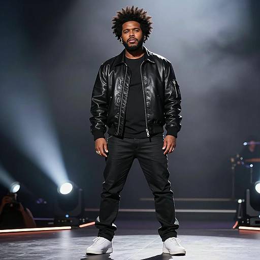 Black Man on Concert Stage in Leather Bomber Jacket