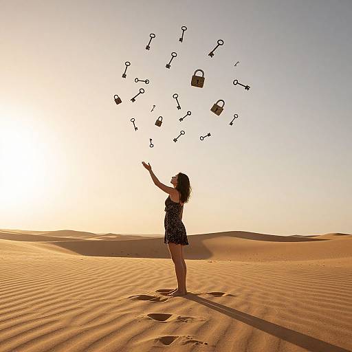 Photograph of a woman with long hair in a black dress standing in a vast, sunlit desert, magically levitating keys and baskets in the sky