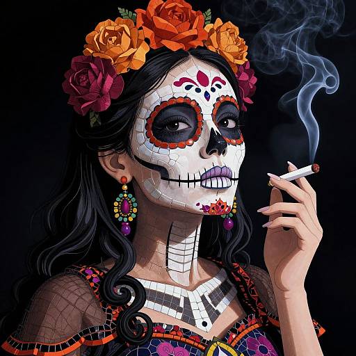 Digital artwork of a Day of the Dead-inspired woman with flower crown, white skull face paint, smoking, colorful earrings, and vibrant dress.