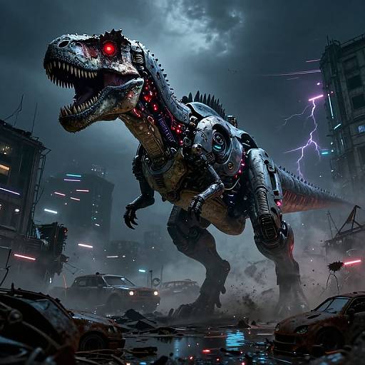 Digital art of a cybernetic, glowing-red-eyed Tyrannosaurus rex roaring in a dark, stormy, post-apocalyptic city with lightning