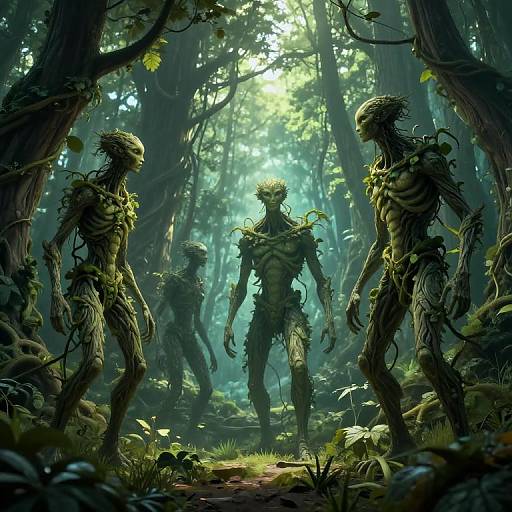 Digital CGI artwork of four eerie, humanoid creatures with plant-like tendrils in a dense, sunlit forest, standing in a triangular formation. The creatures