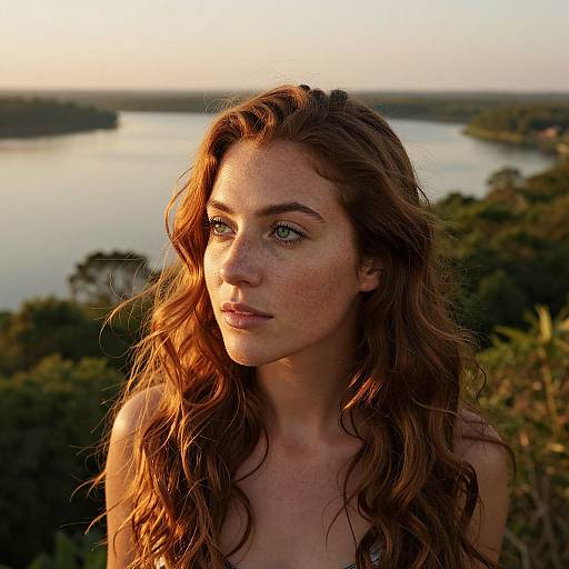 Photograph of a freckled, fair-skinned woman with long, wavy auburn hair, green eyes, and a neutral expression,