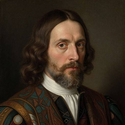Photorealistic portrait of a middle-aged man with long, wavy brown hair, beard, and intense gaze, wearing ornate, patterned brown