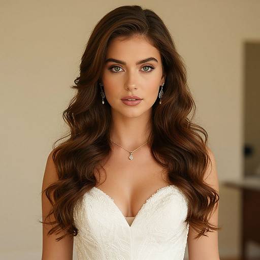 Photograph of a beautiful woman with long, wavy brown hair, wearing a white, lace, V-neck wedding dress, and silver jewelry, standing